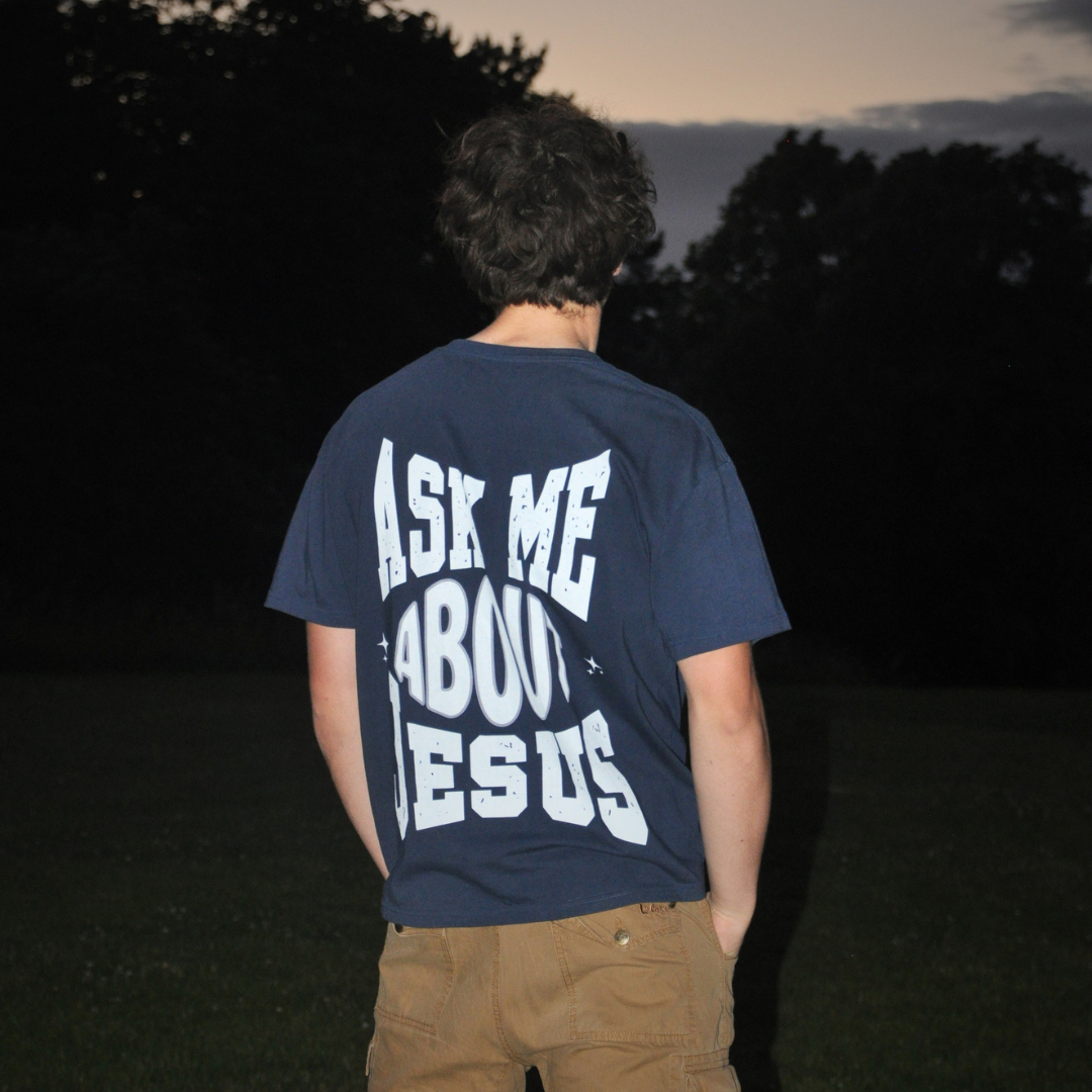 'Ask Me About Jesus' Navy Blue Unisex T-shirt
